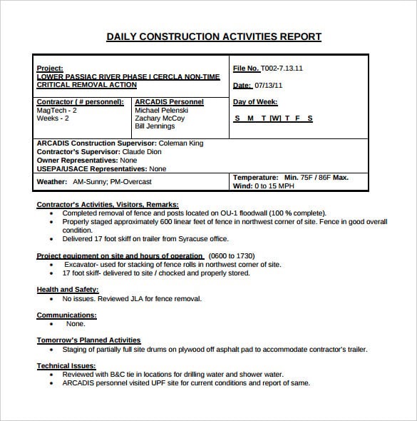 construction site report sample